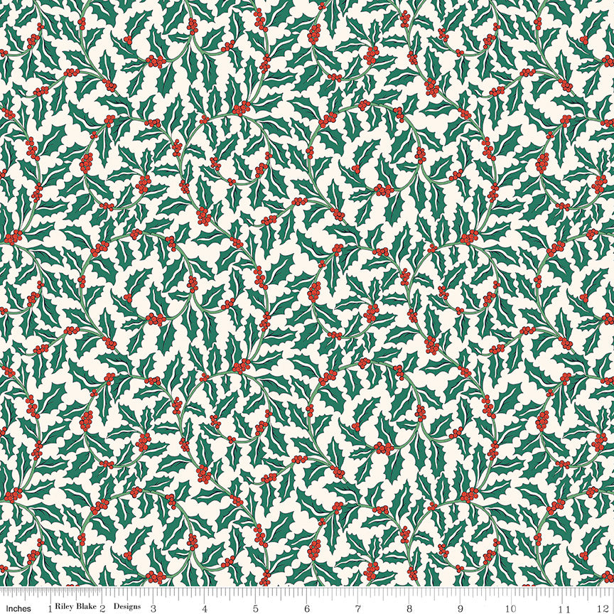 FESTIVE GREETINGS Swirling Holly A Yardage