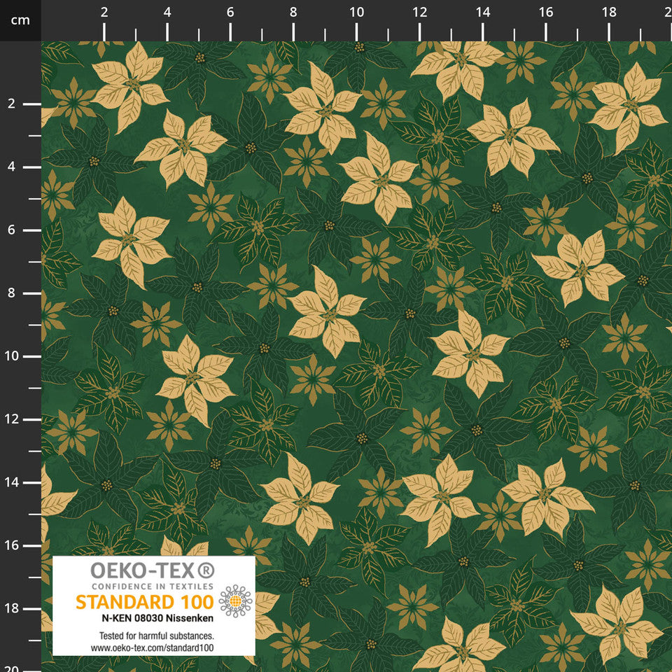 SNOW CRYSTALS Poinsettias Green Metallic Yardage