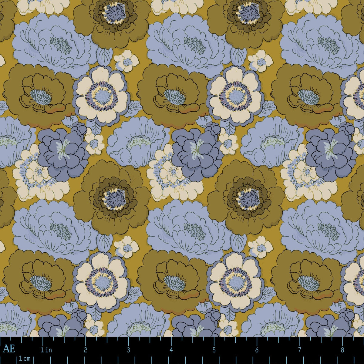 August Ellery Creme De La Crayon Grand Peony Delft Olive Yardage