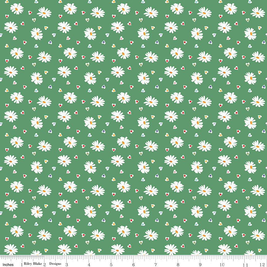 SIMPLE PLEASURES Heart Daisies Green Yardage