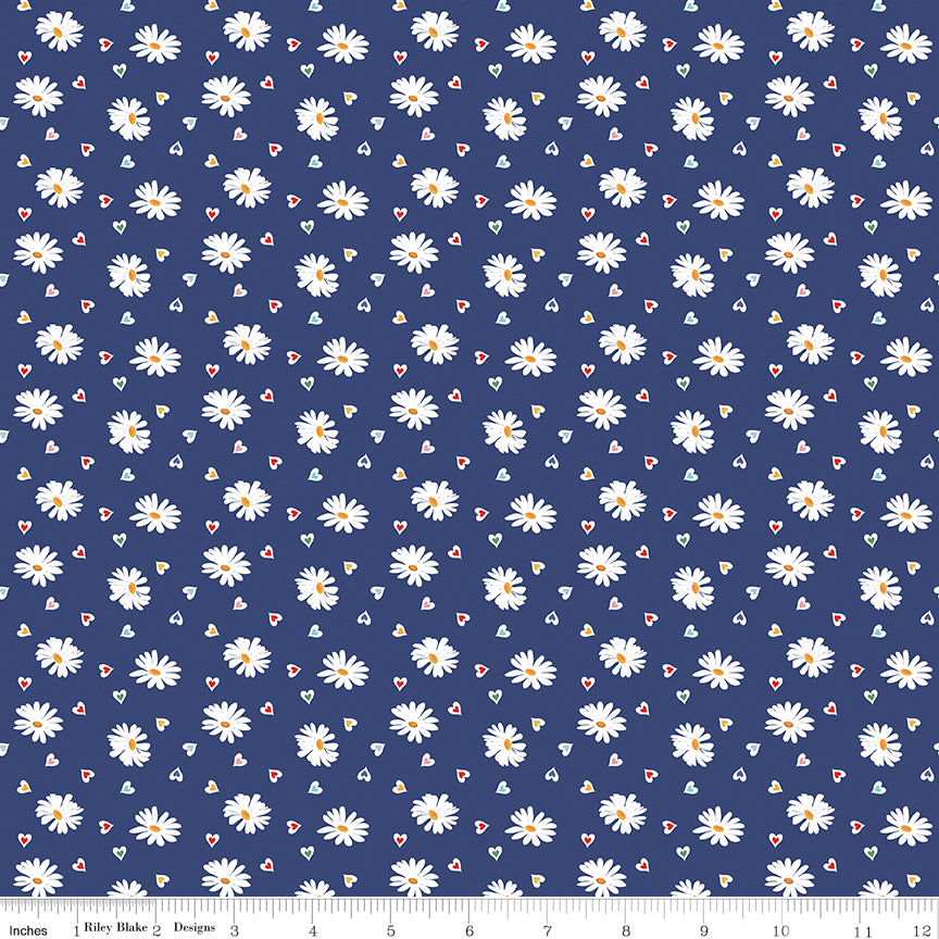 SIMPLE PLEASURES Heart Daisies Navy Yardage