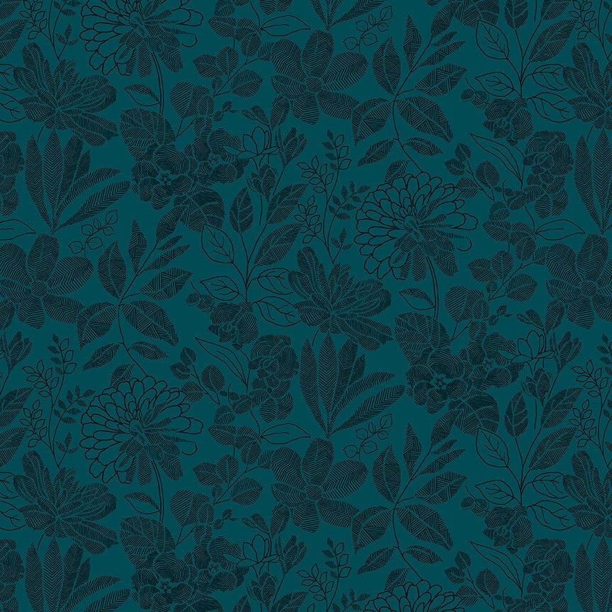 PEN AND INK 118" Floral Teal Wide Back Yardage