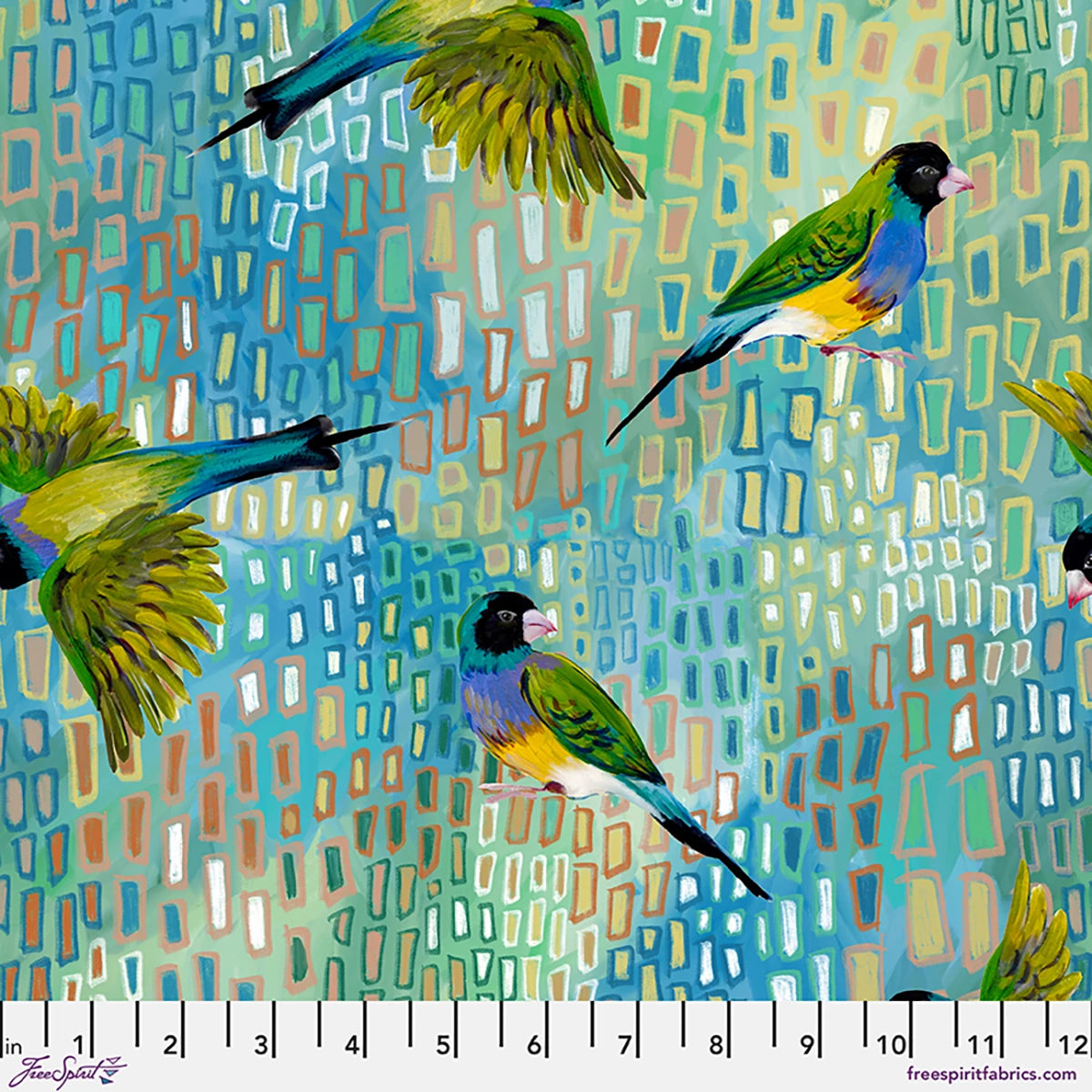 BIRDS OF A FEATHER Gouldian Finch Aqua Yardage