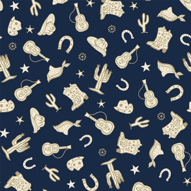 BUCKAROO Country Song Cowboy Navy Yardage