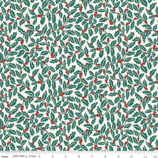 FESTIVE GREETINGS Swirling Holly A Yardage