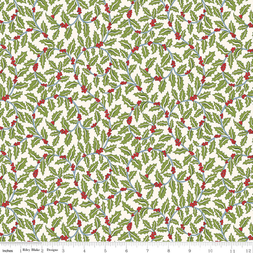 FESTIVE GREETINGS Swirling Holly B Yardage