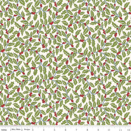 FESTIVE GREETINGS Swirling Holly B Yardage