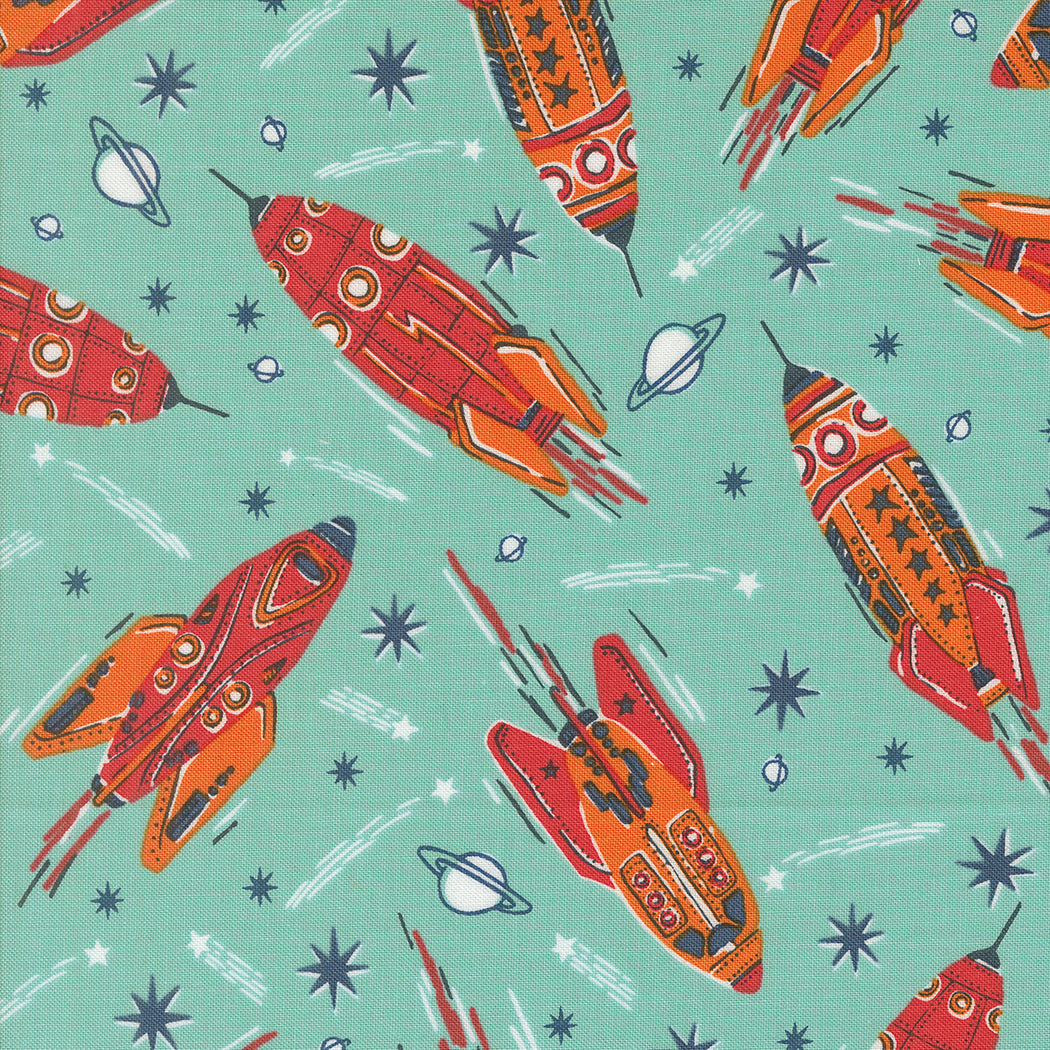 321 BLAST OFF Blue Nebula Vintage Rockets Yardage
