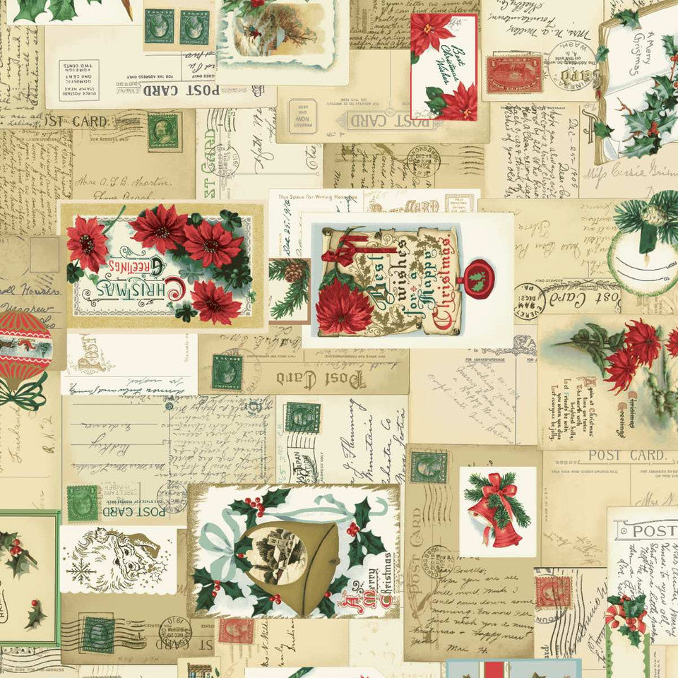 GREETINGS AT CHRISTMASTIDE Colorful Postcards Yardage