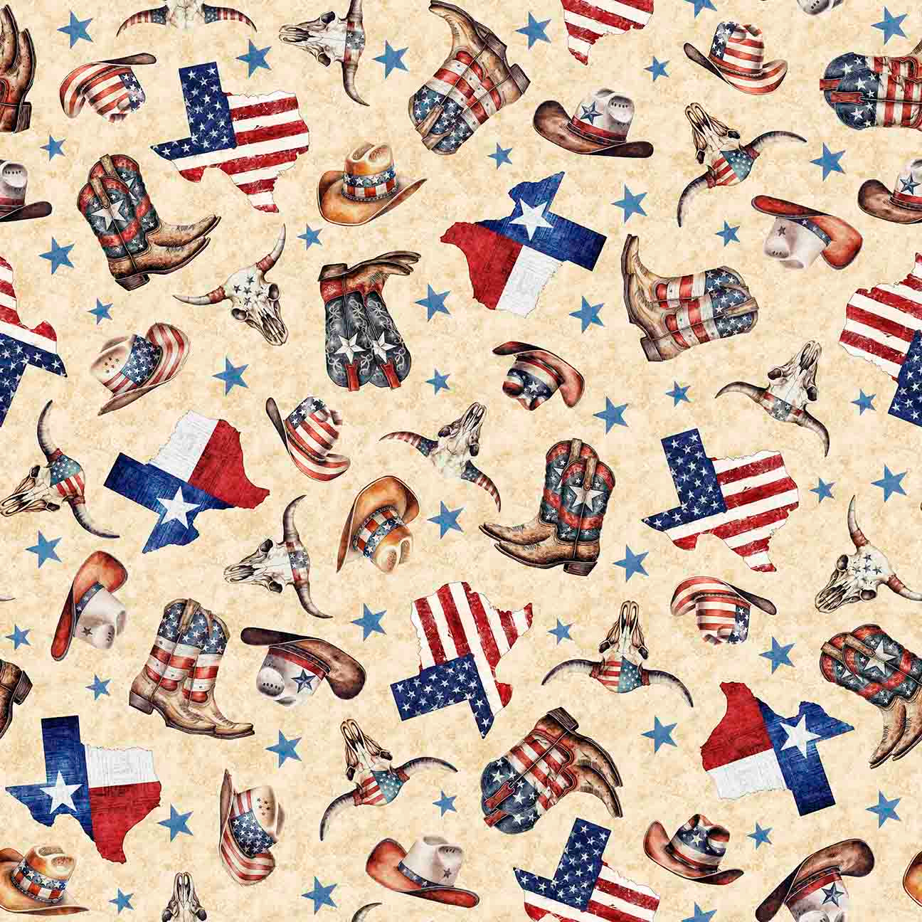 ALL TEXAS SHOP HOP 2025 Patriotic Texas Icons Oatmeal Yardage Pre-Order