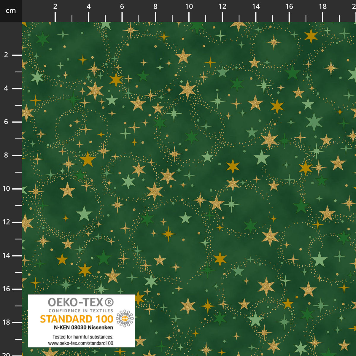 CHRISTMAS TIME Stars Green Metallic Yardage