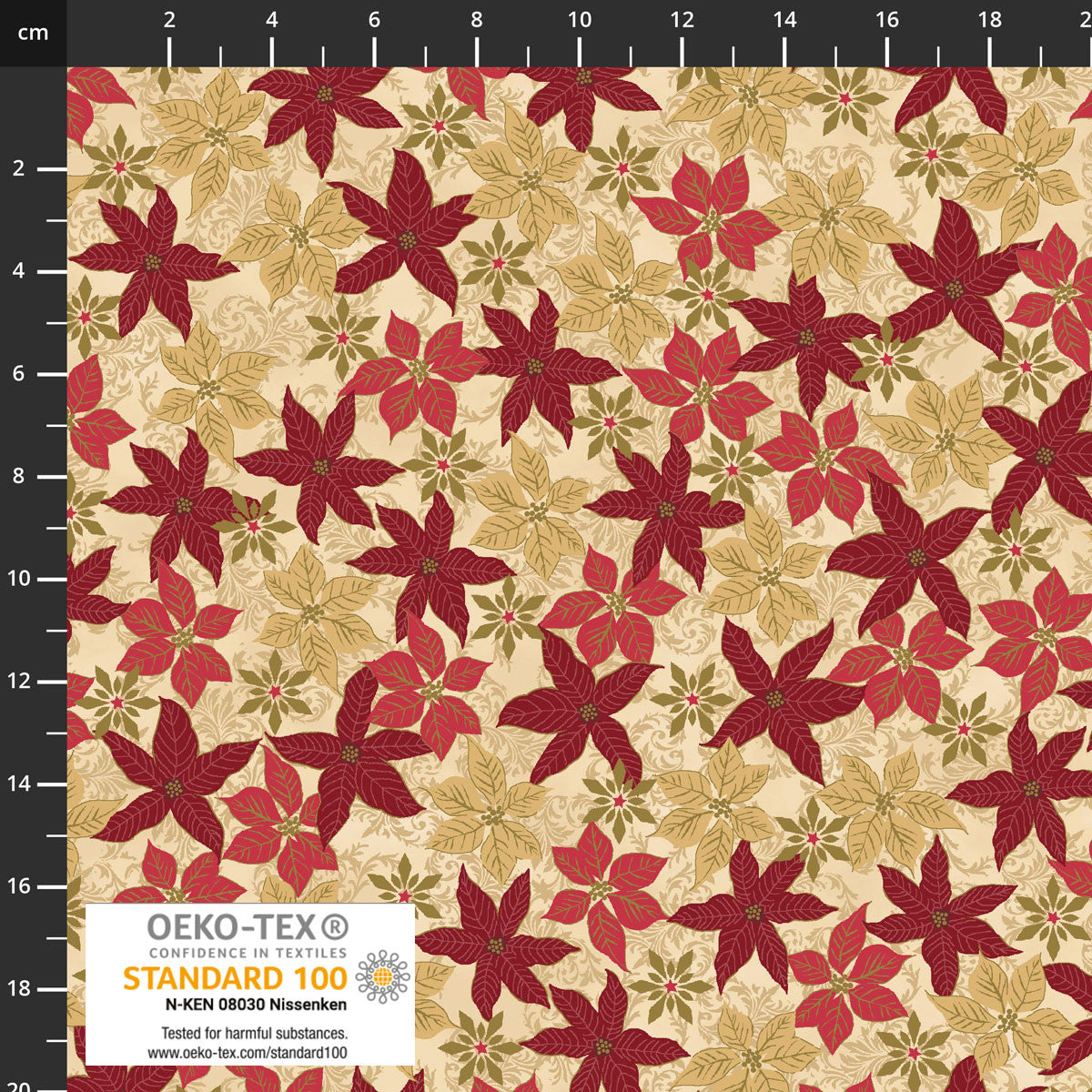 SNOW CRYSTALS Poinsettias Beige Metallic Yardage