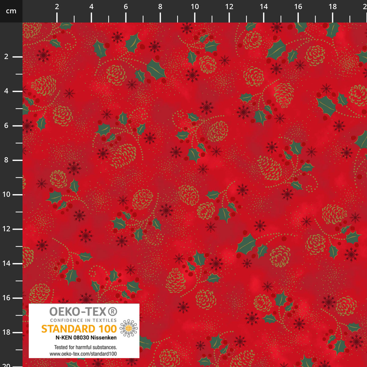 SNOW CRYSTALS Stof Denmark Snow Hollies & Pinecones Yardage