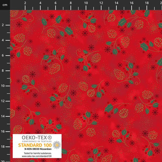 SNOW CRYSTALS Stof Denmark Snow Hollies & Pinecones Yardage