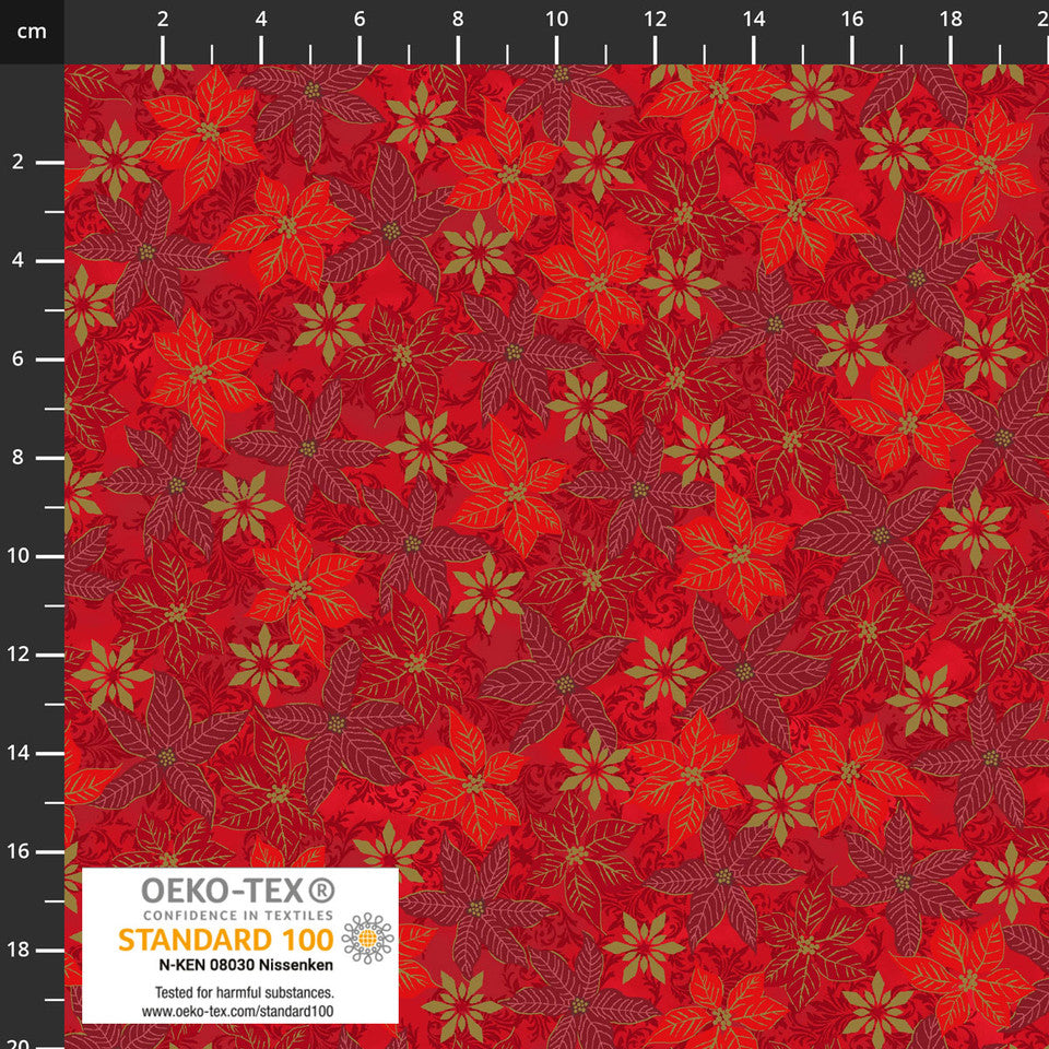 SNOW CRYSTALS Poinsettias Berry Gold Metallic Yardage