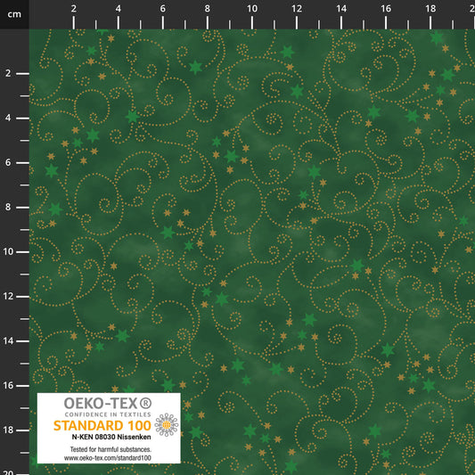 SNOW CRYSTALS Ornaments & Stars Green Metallic Yardage