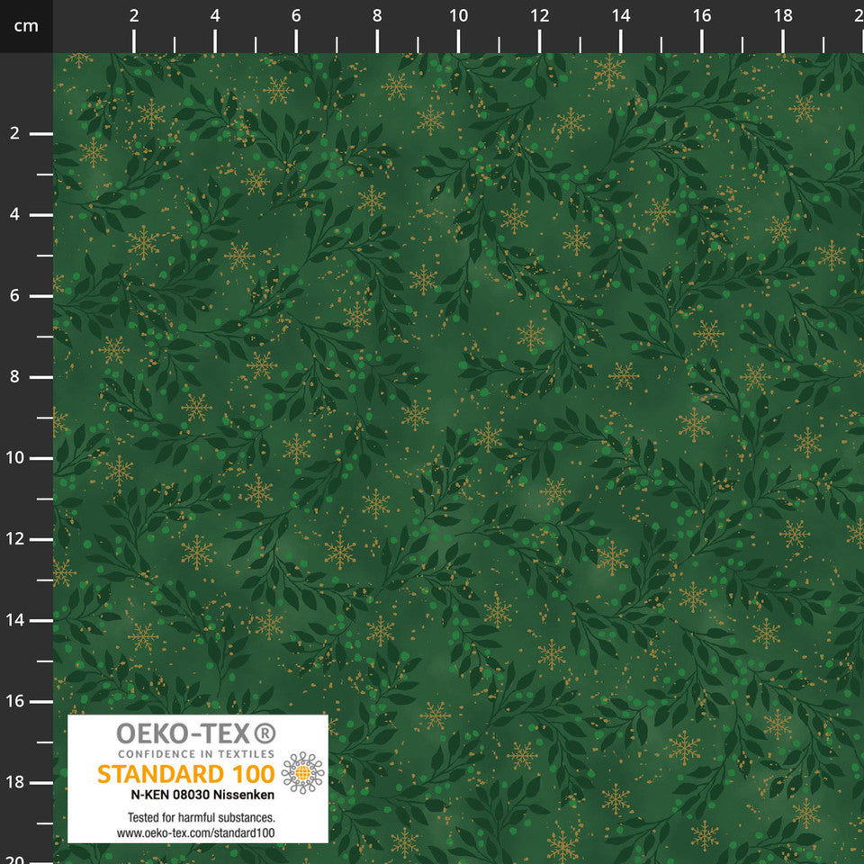SNOW CRYSTALS Branches Green Metallic Yardage