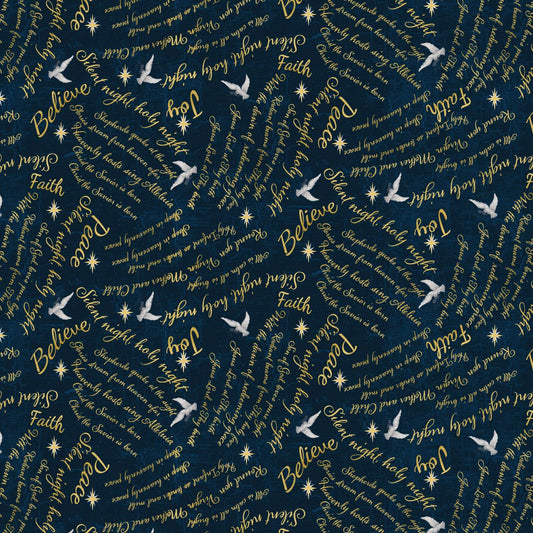 SILENT NIGHT Navy Words Texture Yardage