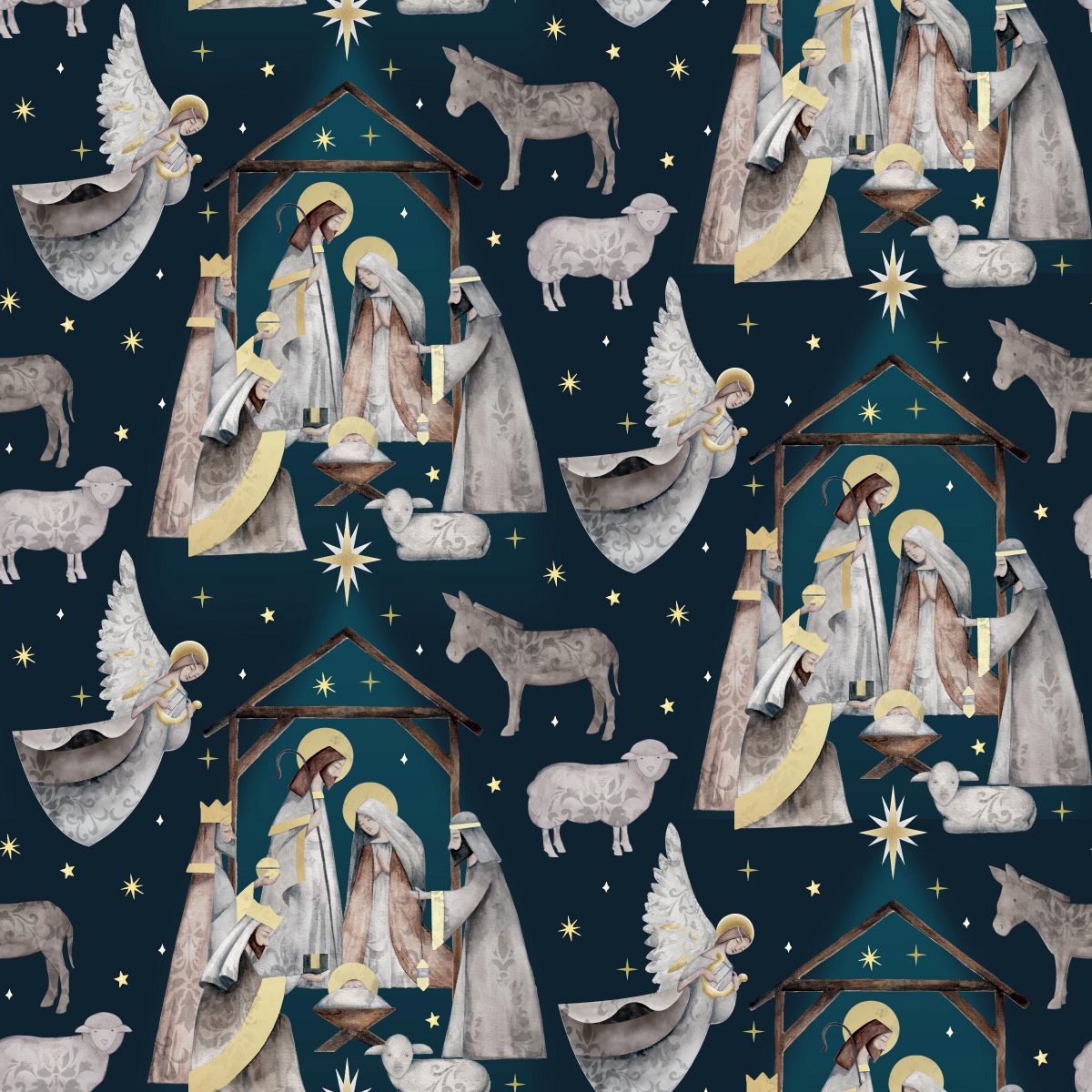 SILENT NIGHT Navy Nativity Scene Yardage