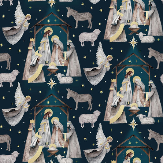 SILENT NIGHT Navy Nativity Scene Yardage