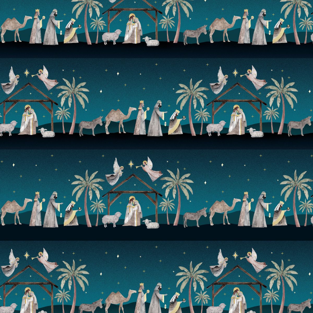 SILENT NIGHT Navy Border Stripes Yardage