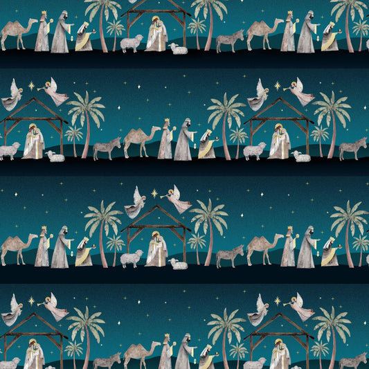 SILENT NIGHT Navy Border Stripes Yardage
