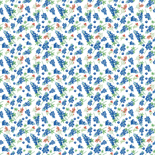 FRIENDSHIP FLORALS Bluebonnets White Yardage