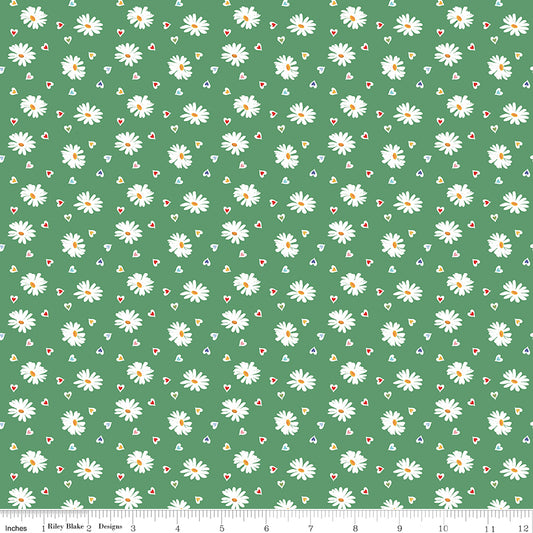 SIMPLE PLEASURES Heart Daisies Green Yardage