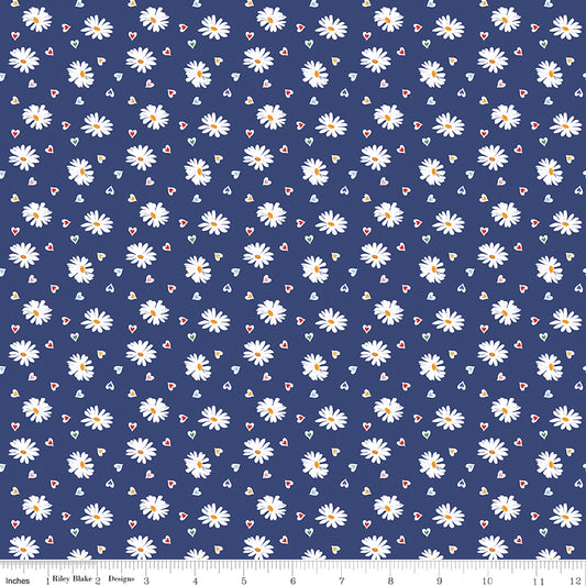 SIMPLE PLEASURES Heart Daisies Navy Yardage