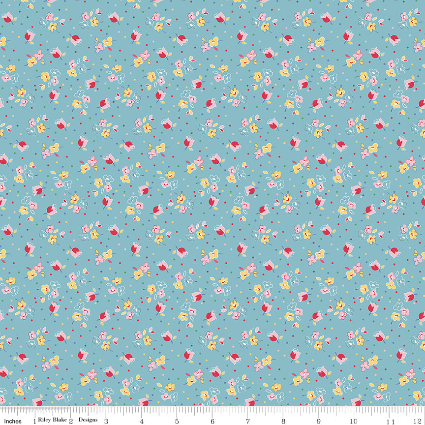 SIMPLE PLEASURES Calico Sweet Rose Aqua Yardage