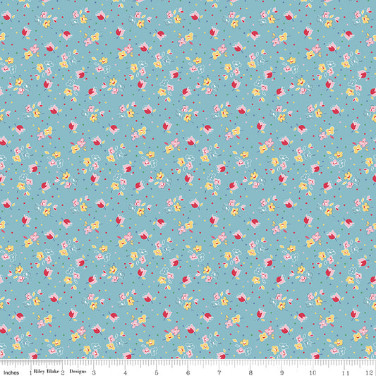 SIMPLE PLEASURES Calico Sweet Rose Aqua Yardage