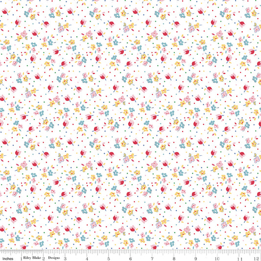 SIMPLE PLEASURES Calico Sweet Rose White Yardage