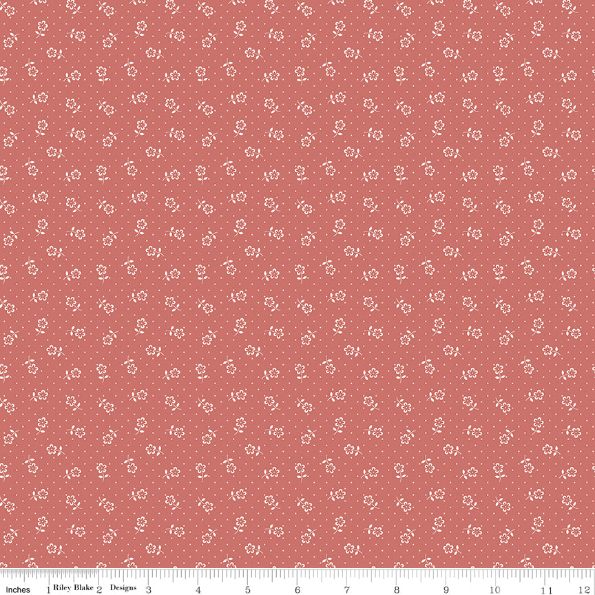 MARY CATHERINE Flower Dots Faded Red Yardage