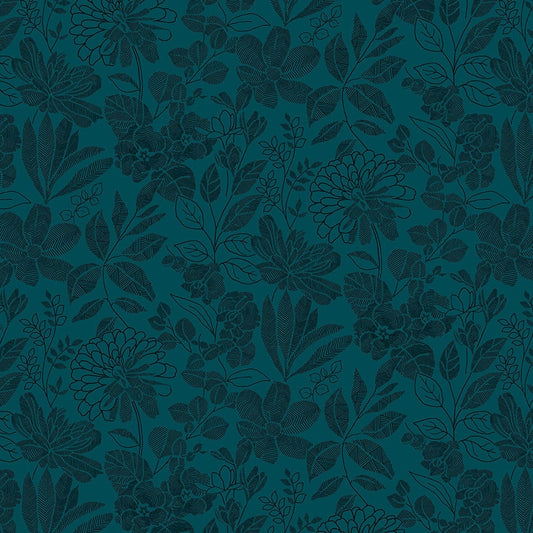 PEN AND INK 118" Floral Teal Wide Back Yardage
