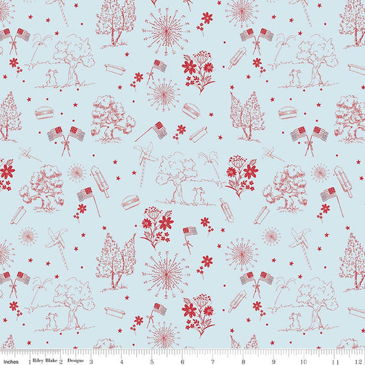 FIREWORK FIELDS Independence Toile Light Blue Yardage