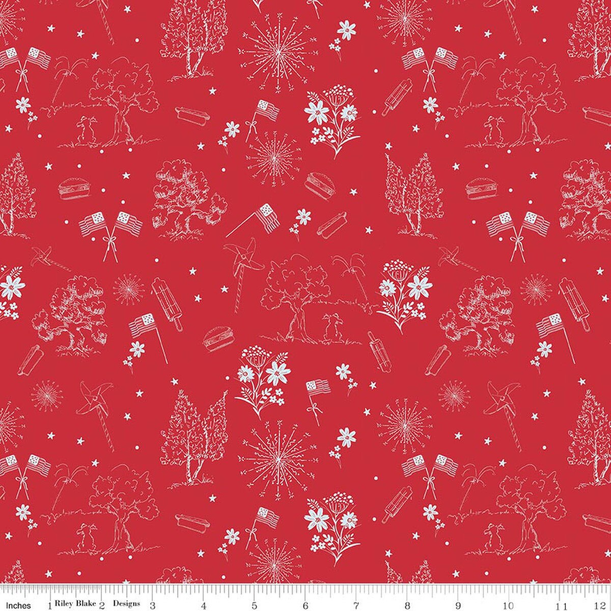 FIREWORK FIELDS Independence Toile Red Yardage