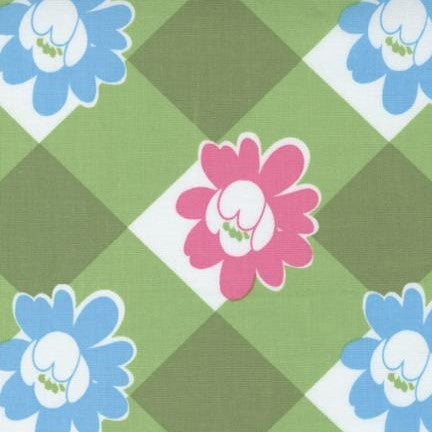 PICNIC POP Grassy Green Large Floral Check Yardage