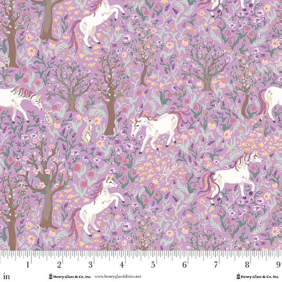 MY DARLING UNICORN Unicorns in Forest Scene Lavender Yardage