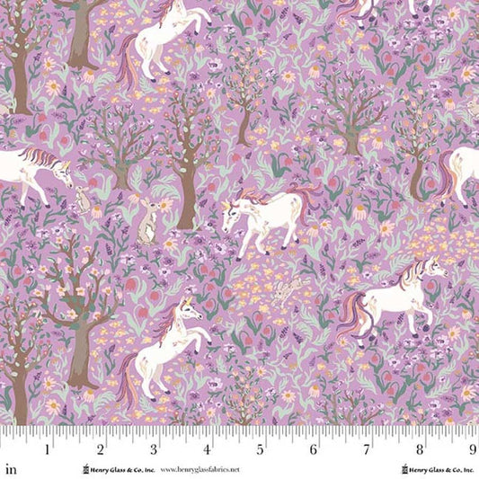 MY DARLING UNICORN Unicorns in Forest Scene Lavender Yardage