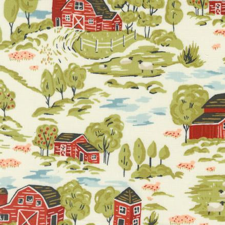 FARMSTEAD Linen Vintage Farm Scene Yardage