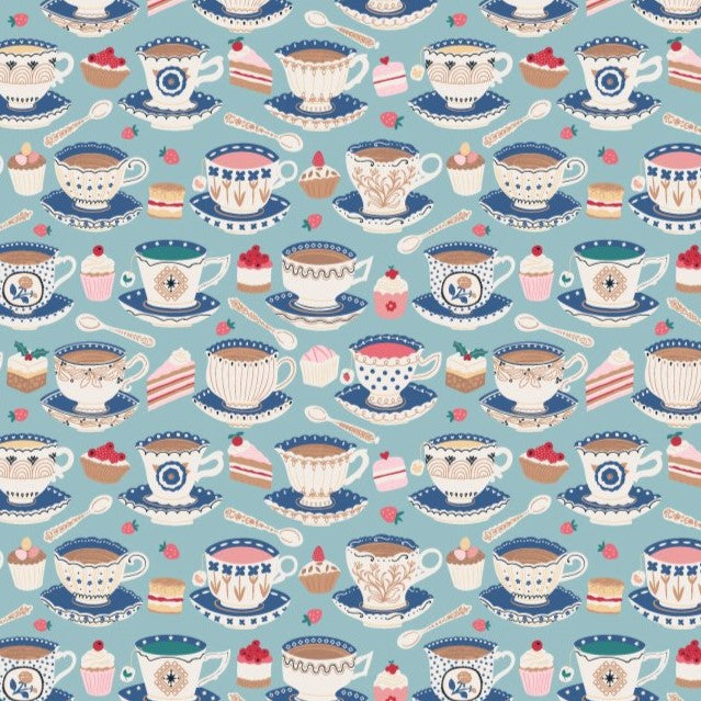 Garden Party Tea Cups Blue Yardage