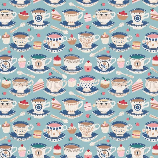 Garden Party Tea Cups Blue Yardage