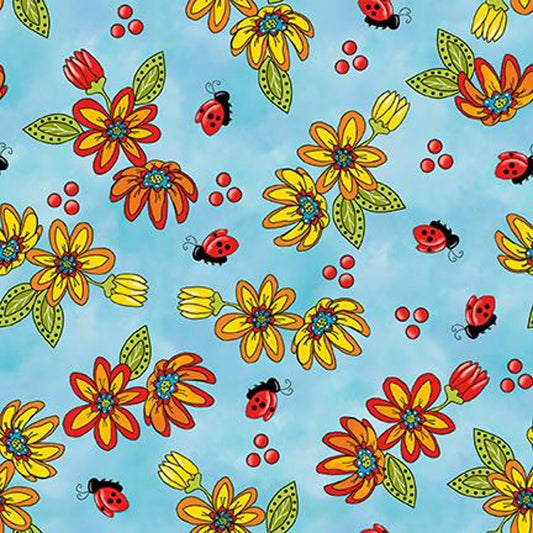 5 1/2 yds WHIMSICAL QUILTER Tossed Floral Blue Remnant