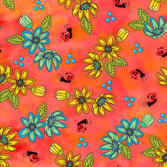 3 3/4 yds WHIMSICAL QUILTER Tossed Floral Papaya Remnant